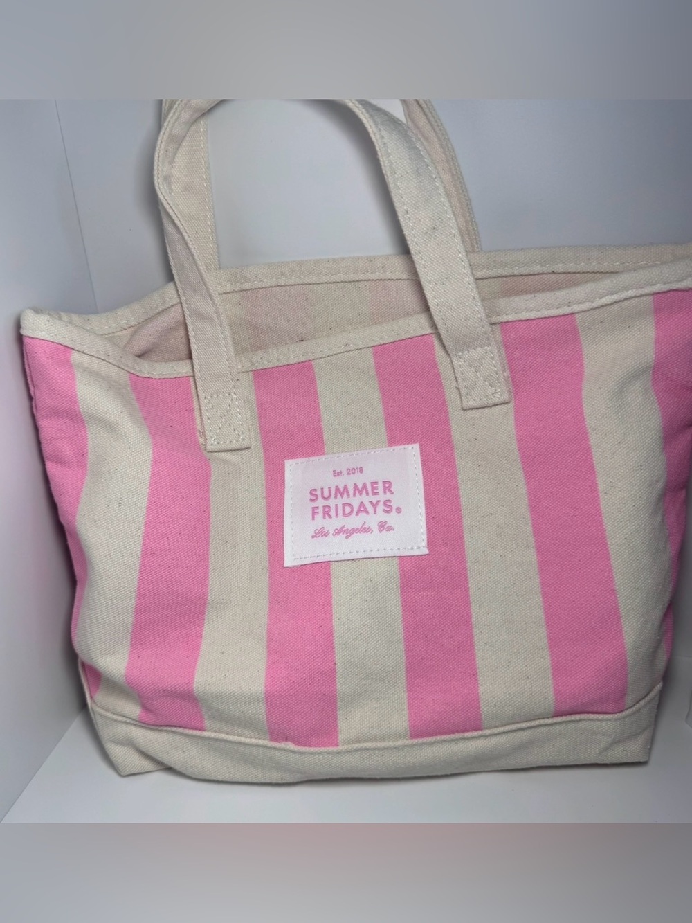 Summer Fridays Pink and Cream Striped Canvas Tote